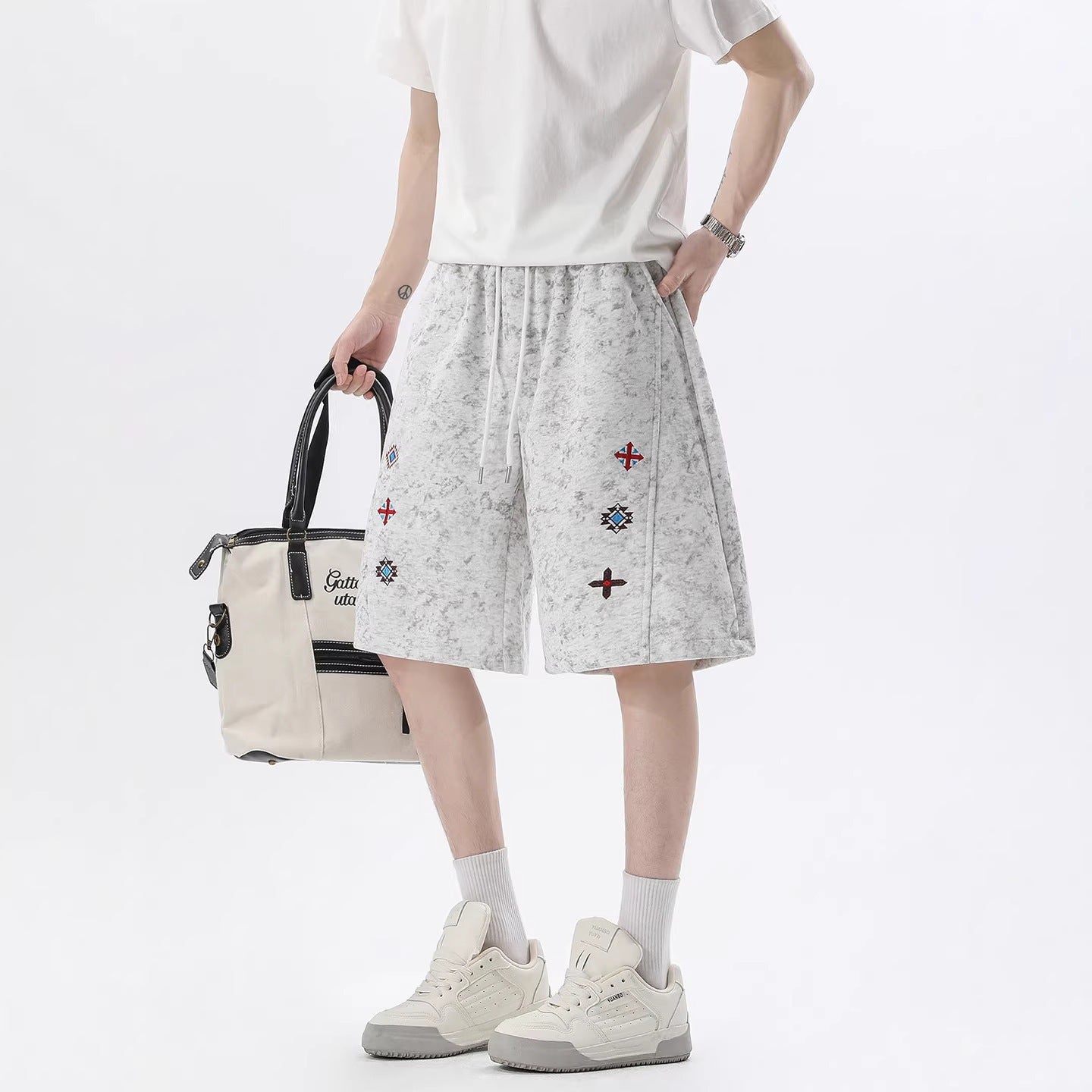 Men's Loose-Fit Embroidered Patchwork Sports Shorts