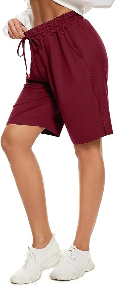 Womens Bermuda Shorts Knee-Length Elastic Waist Drawstring Workout Basketball Cropped Pants