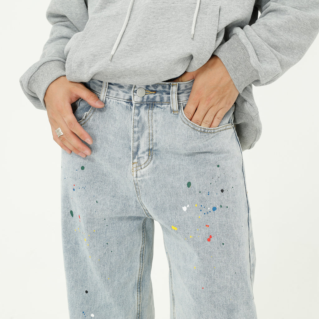 Paint Splash Blue Straight Loose Jeans