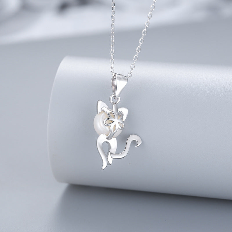 S925 Silver Cat Necklace Female Fashion Creative Pearl Pendant