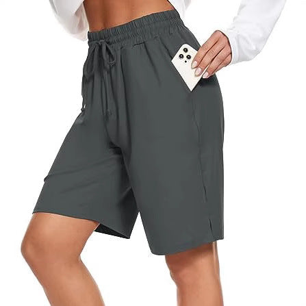 Womens Bermuda Shorts Knee-Length Elastic Waist Drawstring Workout Basketball Cropped Pants