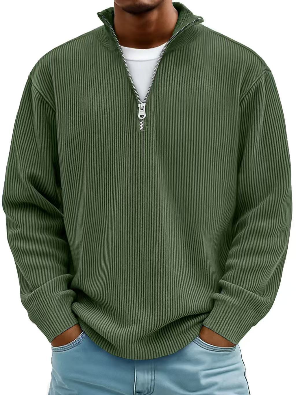 Corduroy Zipper Stand Collar Sweatshirt Fashion Warm Solid Color Long Sleeve Top Men's Casual Polo Shirt Clothing