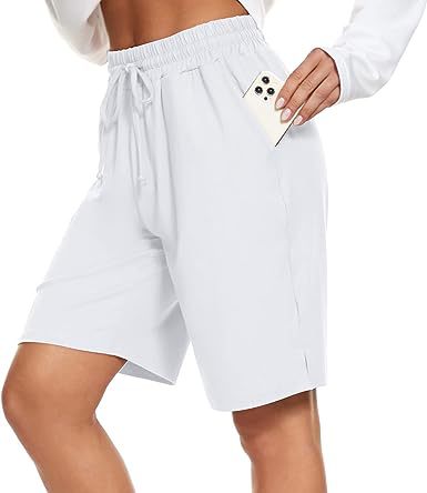 Womens Bermuda Shorts Knee-Length Elastic Waist Drawstring Workout Basketball Cropped Pants