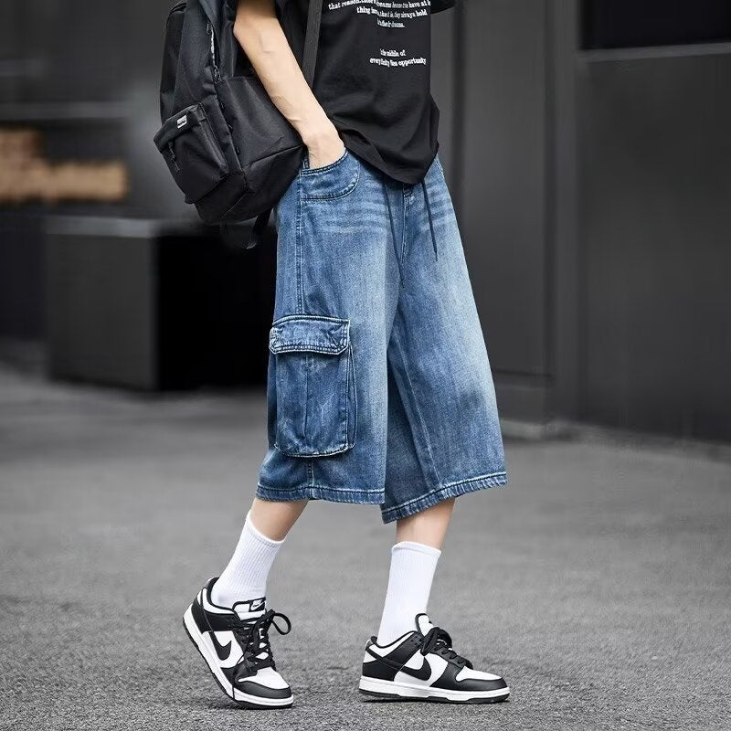 American-style Loose-fit Multi-pocket Workwear Denim Capri Pants