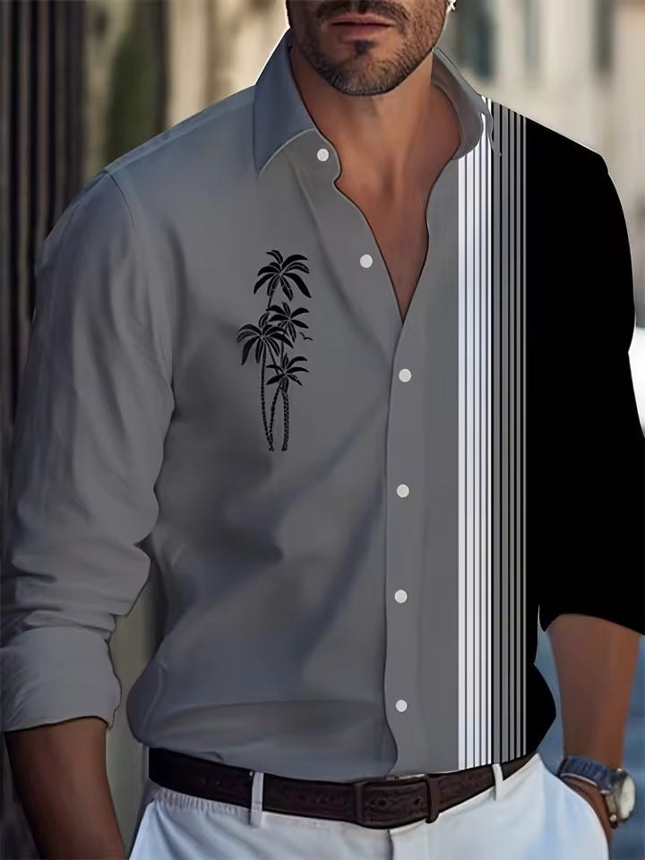 Men's Long Sleeve Shirt Palm Tree And Striped Printed Shirt Everyday Fashion Men's Casual Shirt
