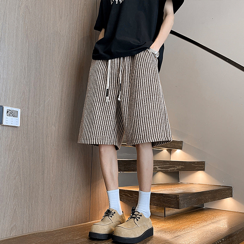 Hong Kong-style Color-Block Wheat-Stripe Textured Plus-Size Cropped Shorts