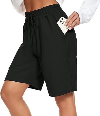 Womens Bermuda Shorts Knee-Length Elastic Waist Drawstring Workout Basketball Cropped Pants