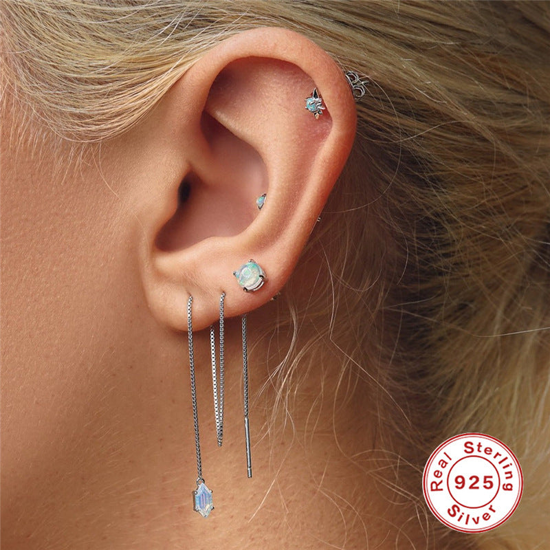 S925 Sterling Silver Octagonal Diamond Opal Stud Earrings