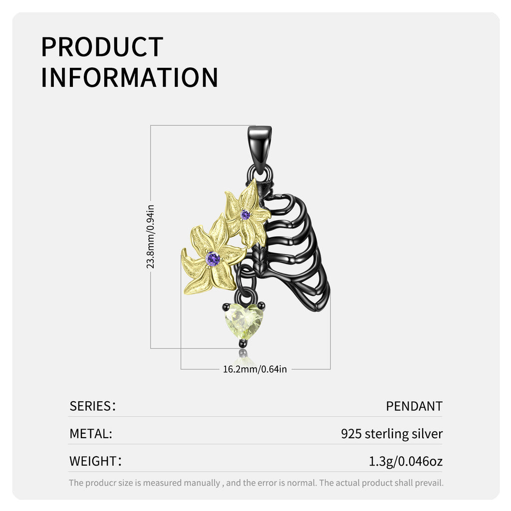 Flower Skeleton Necklace Pendant S925 Sterling Silver Black Gold Plating