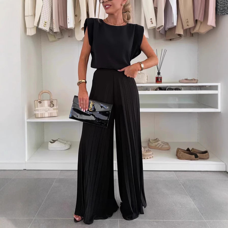 Round Neck Sleeveless Top Pleated Wide-leg Trousers Two-piece Set