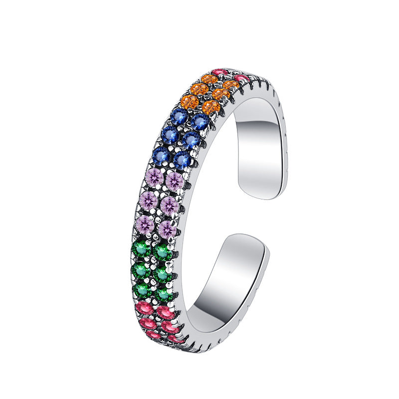 S925 Sterling Silver Personality Double Row Colorful Zirconium Vintage Thai Silver Ring