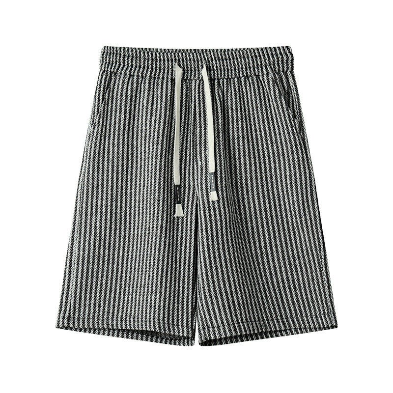Hong Kong-style Color-Block Wheat-Stripe Textured Plus-Size Cropped Shorts