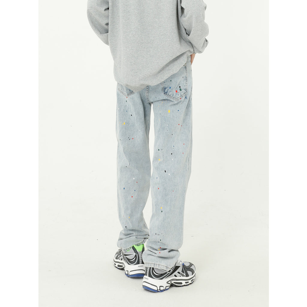 Paint Splash Blue Straight Loose Jeans