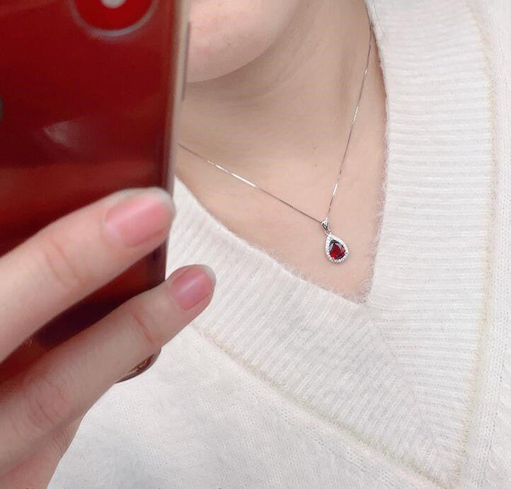 Natural Mozambique Garnet Drop Shape Pendant Sterling Silver Plated Necklace