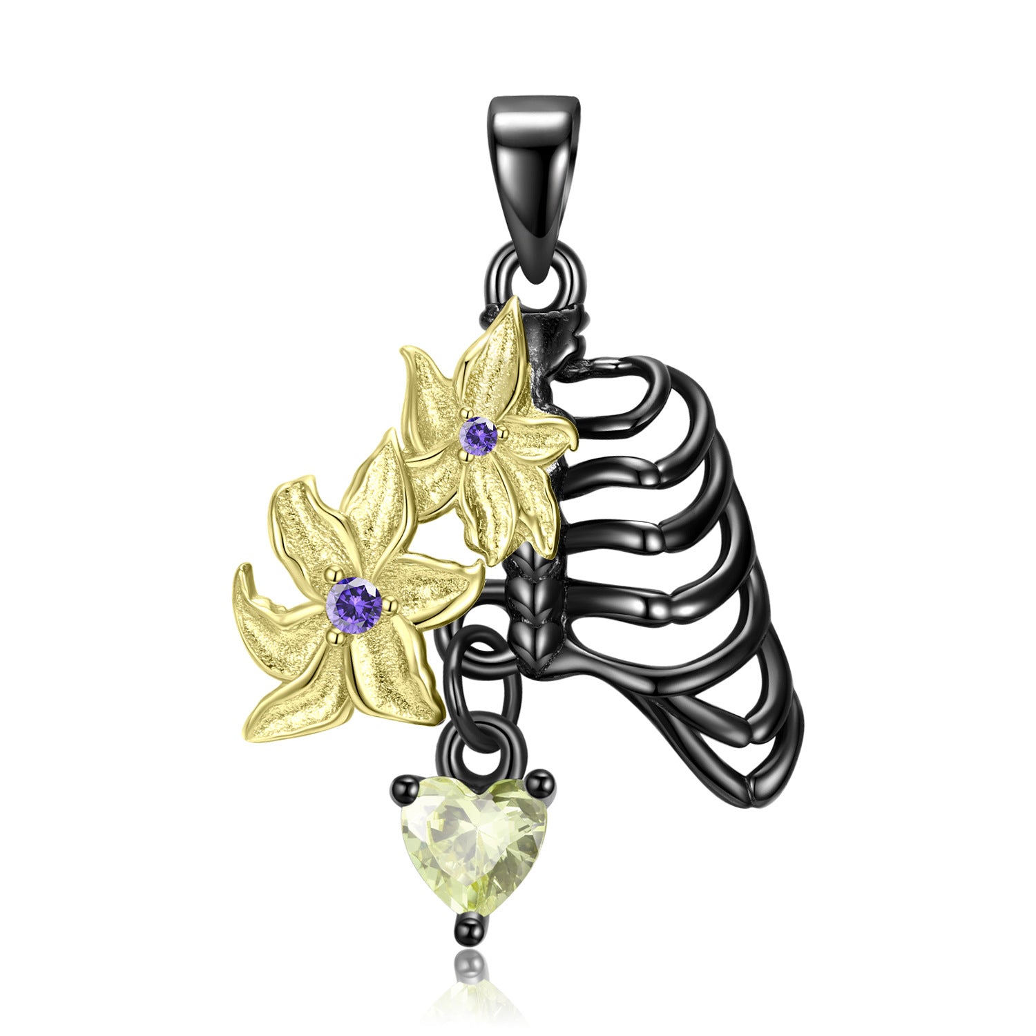 Flower Skeleton Necklace Pendant S925 Sterling Silver Black Gold Plating