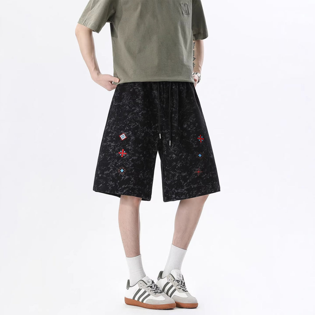 Men's Loose-Fit Embroidered Patchwork Sports Shorts