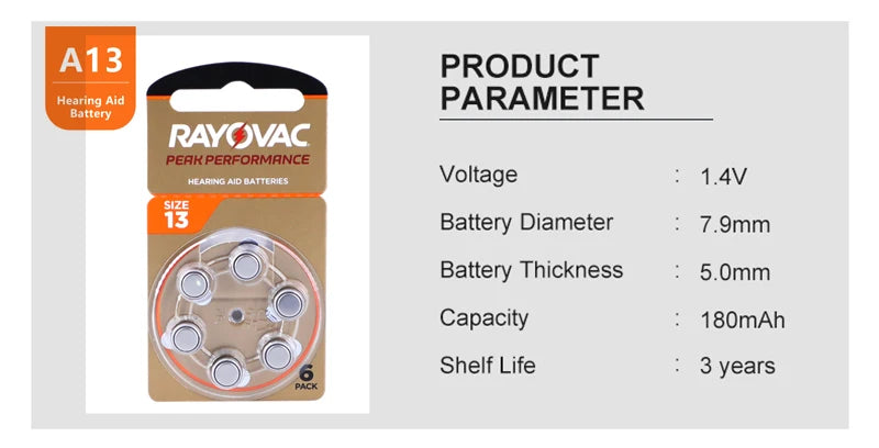 Hearing Aid Batteries 60PCS / 10 Cards RAYOVAC PEAK 1.45V 13A A13 13 P13 PR48 Zinc Air Battery For BTE CIC RIC OE Hearing Aids