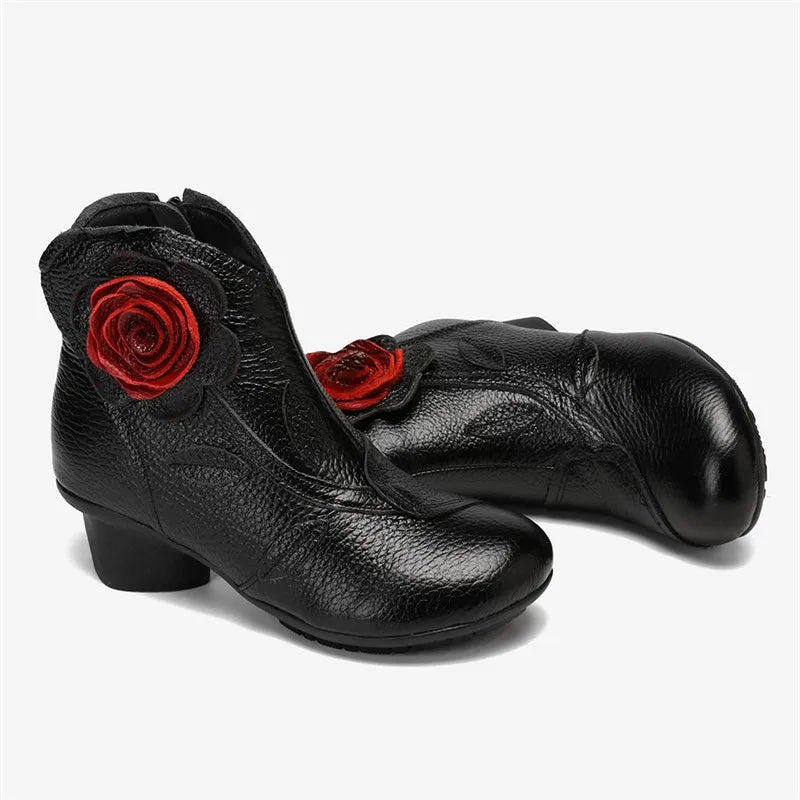 BEYARNE  Handmade Boots Flower Solid Color Womens Low Heel Genuine Leather Soft Short Boots Women Shoes Botas Mujer