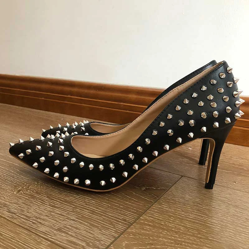 Tikicup Silver Spikes Women Black Matte Sexy Stiletto High Heels Ladies Wild Party Club High Heel Shoes 8cm 10cm 12cm Customize