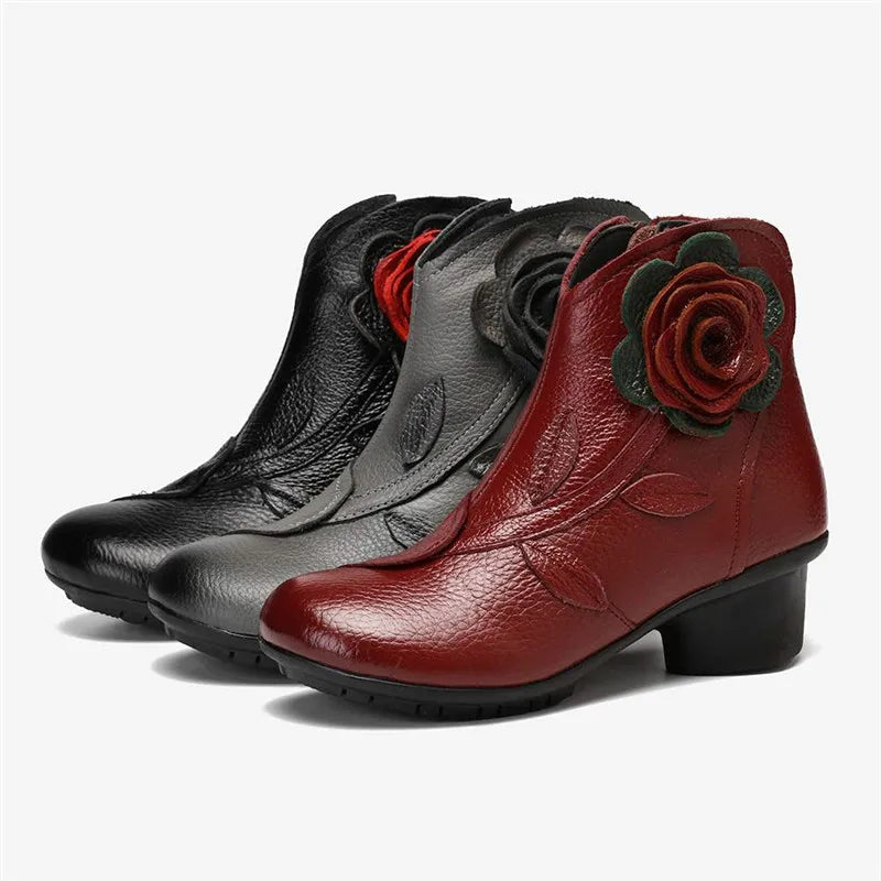 BEYARNE  Handmade Boots Flower Solid Color Womens Low Heel Genuine Leather Soft Short Boots Women Shoes Botas Mujer