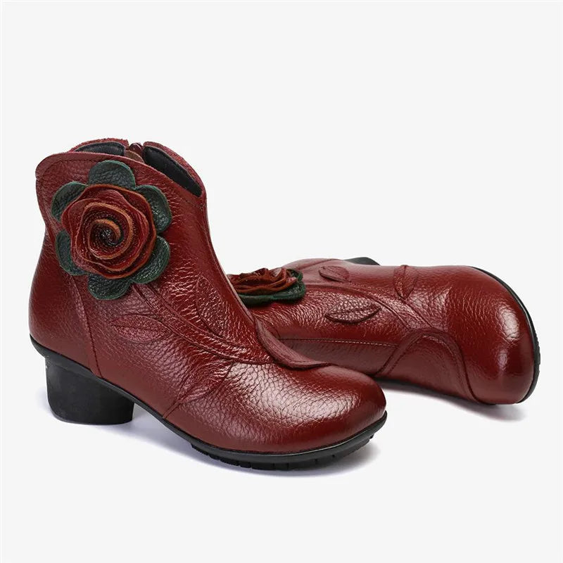 BEYARNE  Handmade Boots Flower Solid Color Womens Low Heel Genuine Leather Soft Short Boots Women Shoes Botas Mujer