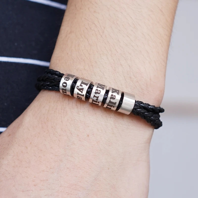MaiLun 1pc  Personalized Family Names Beads Men Braided Bracelets Customized Names Men Bracelet Father's day Gift