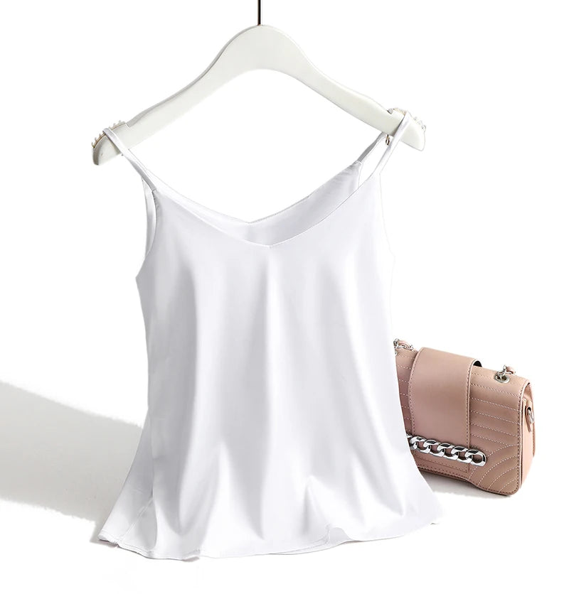 AOSSVIAO 2026 Spaghetti Strap Top Women Halter V Neck Basic White Cami Sleeveless Satin Silk Tank Tops Women'S Summer Camisole