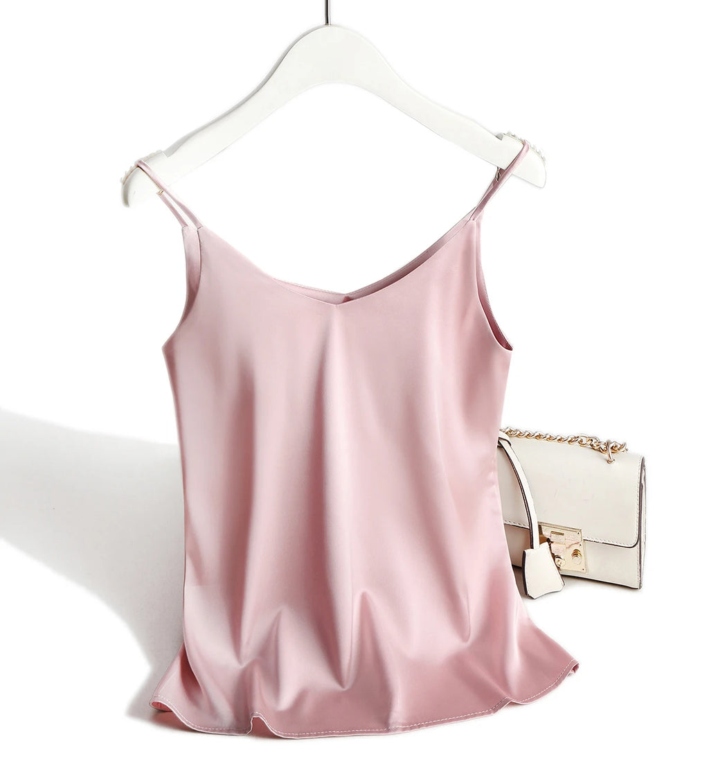 AOSSVIAO 2026 Spaghetti Strap Top Women Halter V Neck Basic White Cami Sleeveless Satin Silk Tank Tops Women'S Summer Camisole