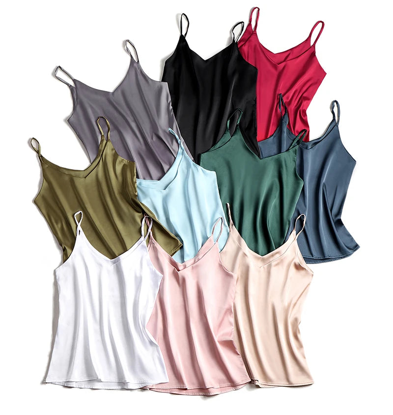 AOSSVIAO 2026 Spaghetti Strap Top Women Halter V Neck Basic White Cami Sleeveless Satin Silk Tank Tops Women'S Summer Camisole