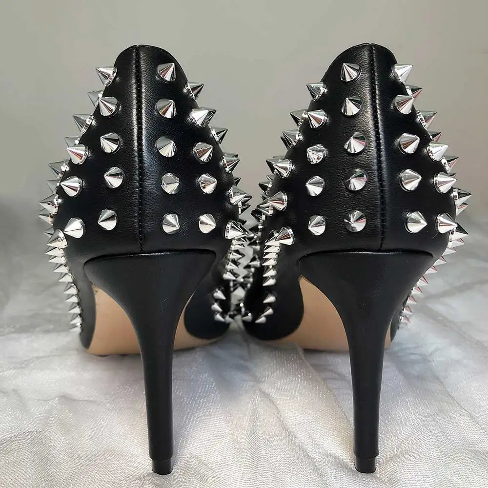 Tikicup Silver Spikes Women Black Matte Sexy Stiletto High Heels Ladies Wild Party Club High Heel Shoes 8cm 10cm 12cm Customize