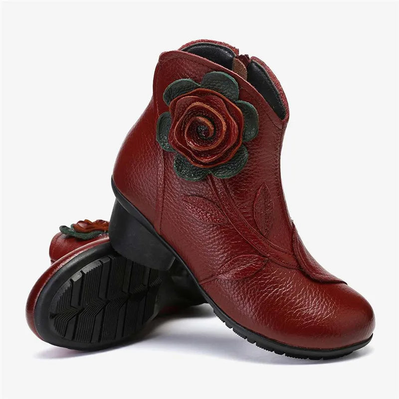 BEYARNE  Handmade Boots Flower Solid Color Womens Low Heel Genuine Leather Soft Short Boots Women Shoes Botas Mujer