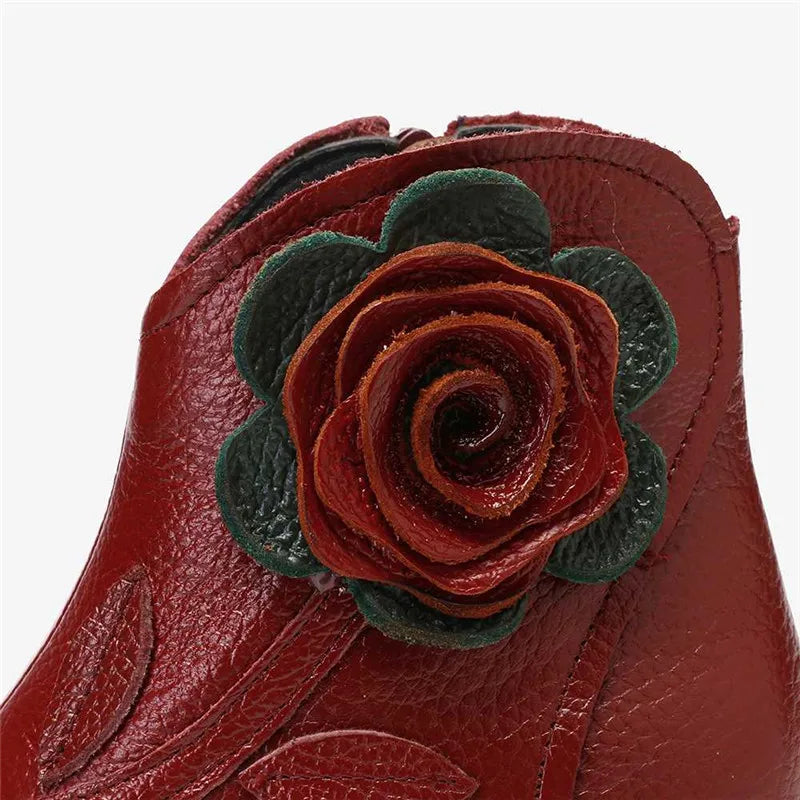 BEYARNE  Handmade Boots Flower Solid Color Womens Low Heel Genuine Leather Soft Short Boots Women Shoes Botas Mujer