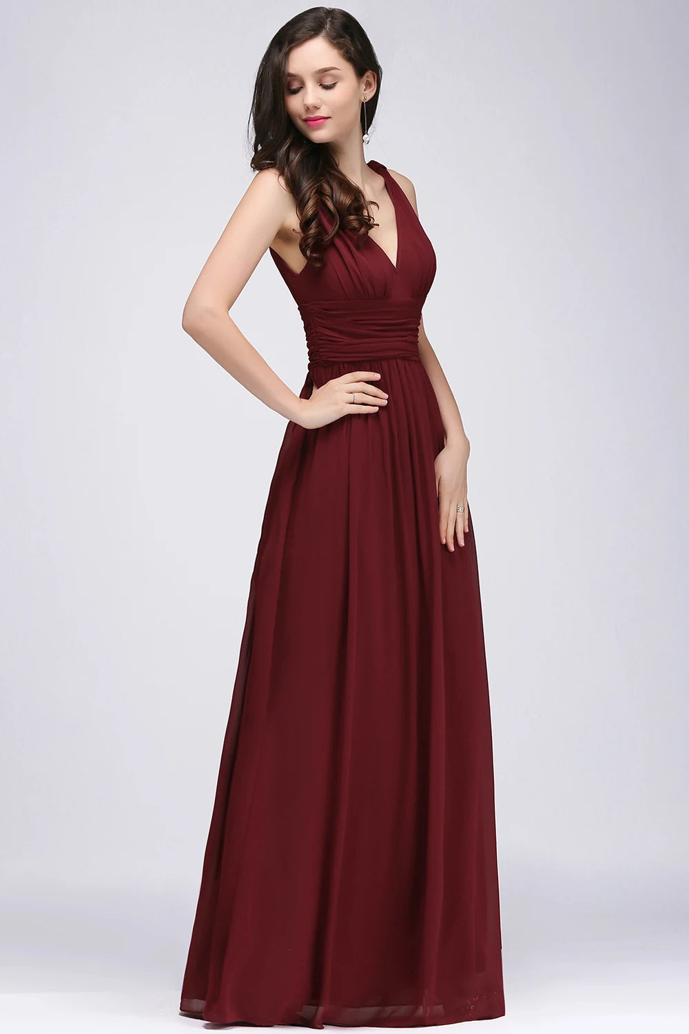Long Burgundy Bridesmaid Dresses For Women Chiffon V-Neck A-Line Elegant Formal Wedding Party Gowns Evening Vestidos De Festa
