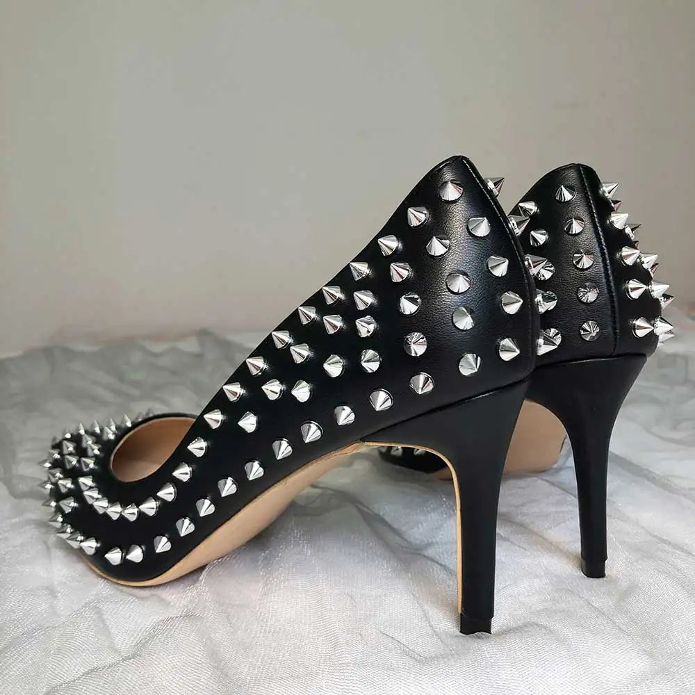 Tikicup Silver Spikes Women Black Matte Sexy Stiletto High Heels Ladies Wild Party Club High Heel Shoes 8cm 10cm 12cm Customize