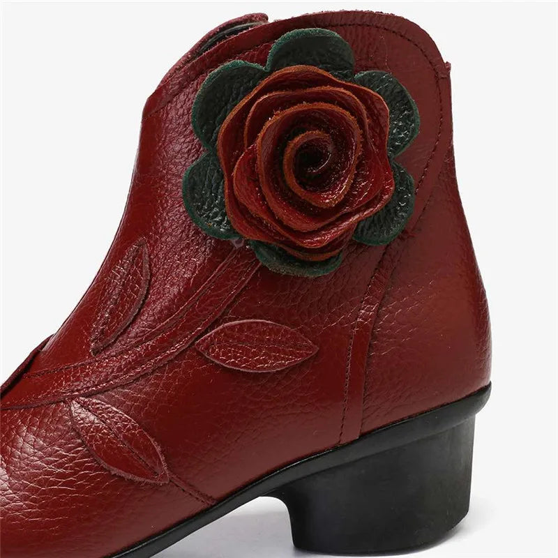BEYARNE  Handmade Boots Flower Solid Color Womens Low Heel Genuine Leather Soft Short Boots Women Shoes Botas Mujer