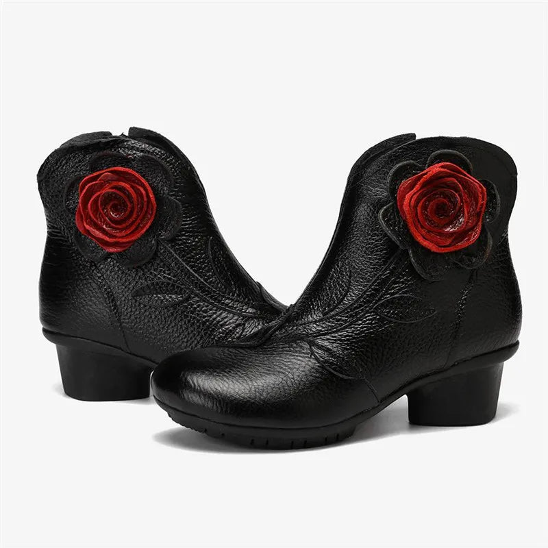 BEYARNE  Handmade Boots Flower Solid Color Womens Low Heel Genuine Leather Soft Short Boots Women Shoes Botas Mujer