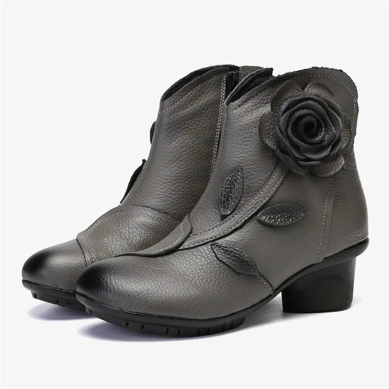 BEYARNE  Handmade Boots Flower Solid Color Womens Low Heel Genuine Leather Soft Short Boots Women Shoes Botas Mujer