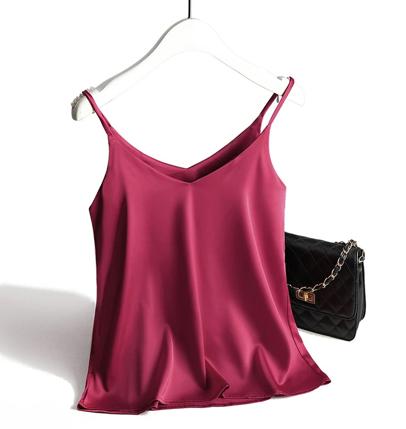 AOSSVIAO 2026 Spaghetti Strap Top Women Halter V Neck Basic White Cami Sleeveless Satin Silk Tank Tops Women'S Summer Camisole