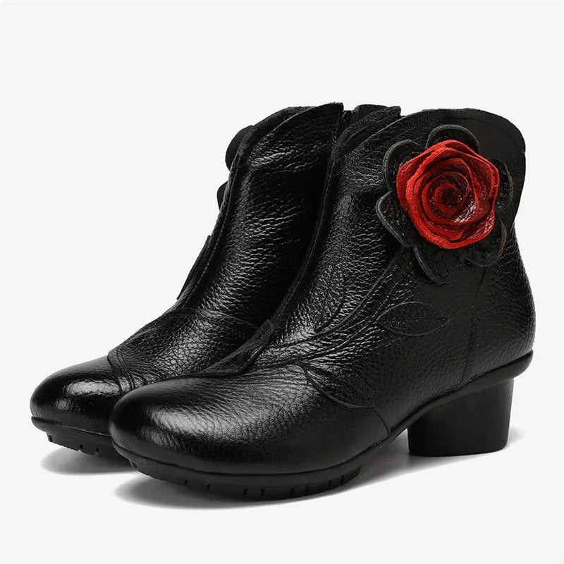 BEYARNE  Handmade Boots Flower Solid Color Womens Low Heel Genuine Leather Soft Short Boots Women Shoes Botas Mujer