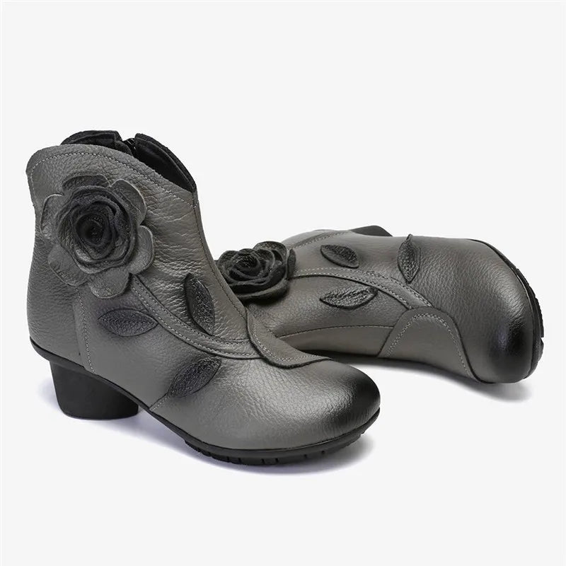 BEYARNE  Handmade Boots Flower Solid Color Womens Low Heel Genuine Leather Soft Short Boots Women Shoes Botas Mujer