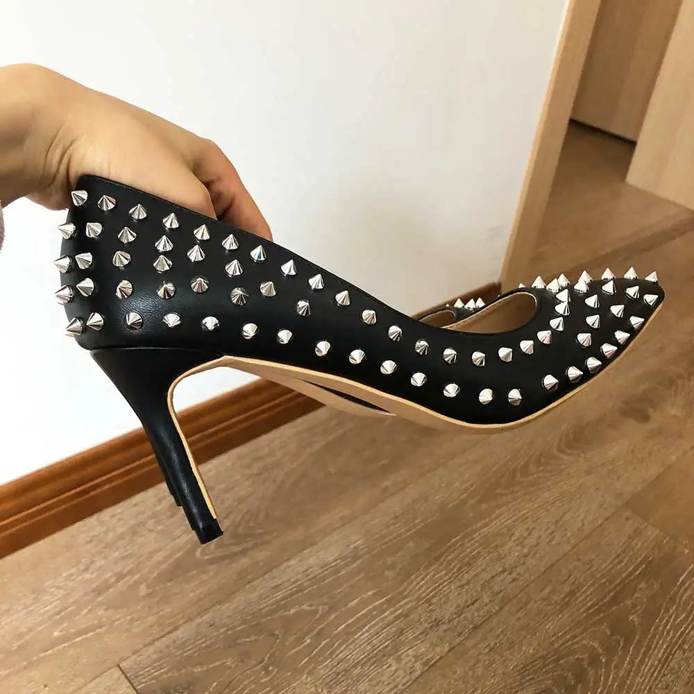 Tikicup Silver Spikes Women Black Matte Sexy Stiletto High Heels Ladies Wild Party Club High Heel Shoes 8cm 10cm 12cm Customize