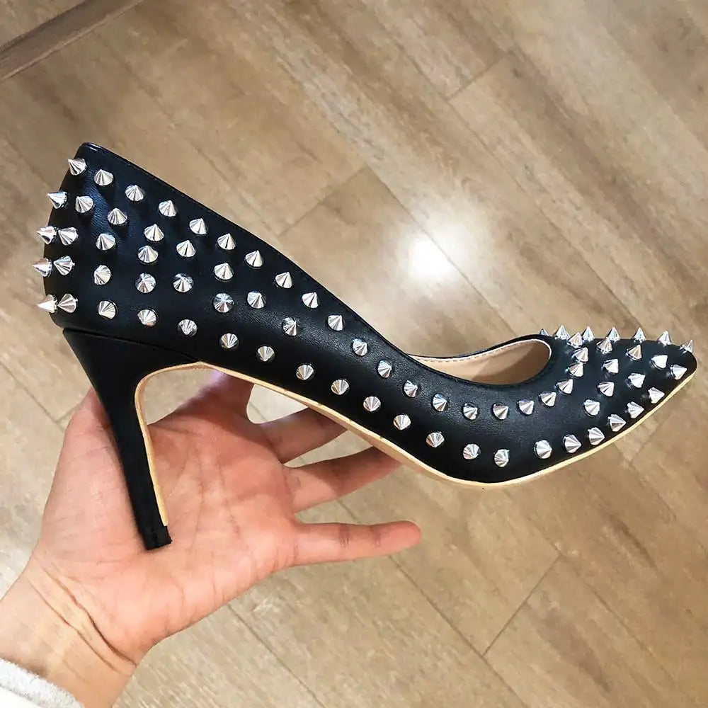 Tikicup Silver Spikes Women Black Matte Sexy Stiletto High Heels Ladies Wild Party Club High Heel Shoes 8cm 10cm 12cm Customize