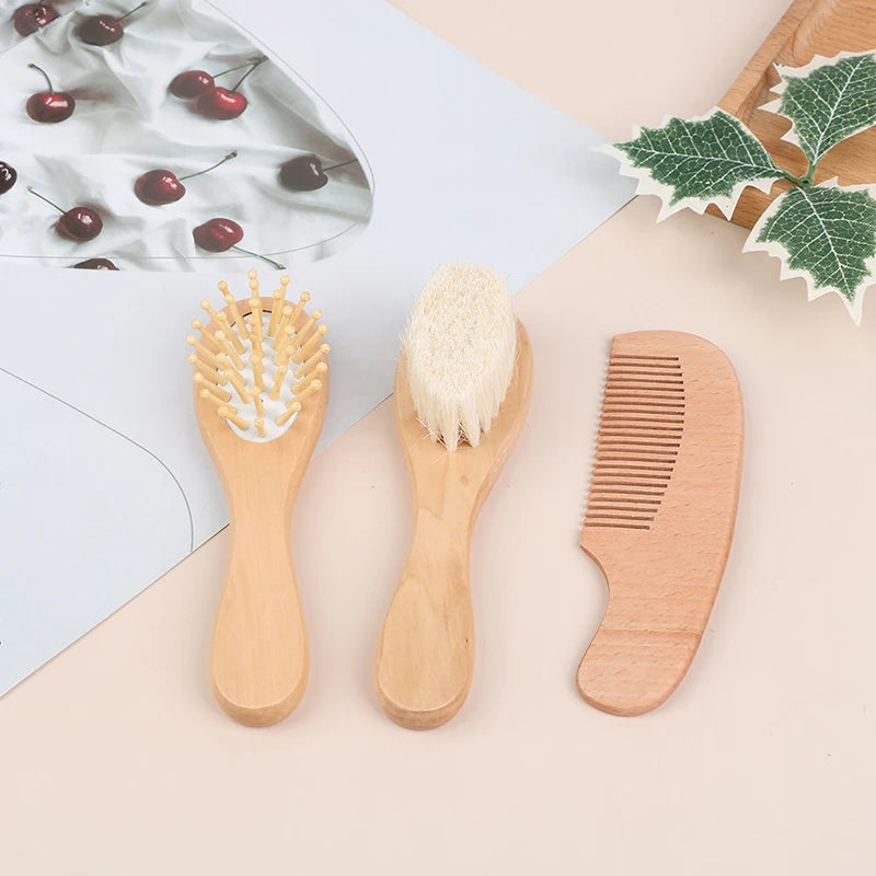 Baby Hair Comb Set Wooden Handle Natural Soft Wool Brush Infant Head  Wooden Handle Head Comfort Massager