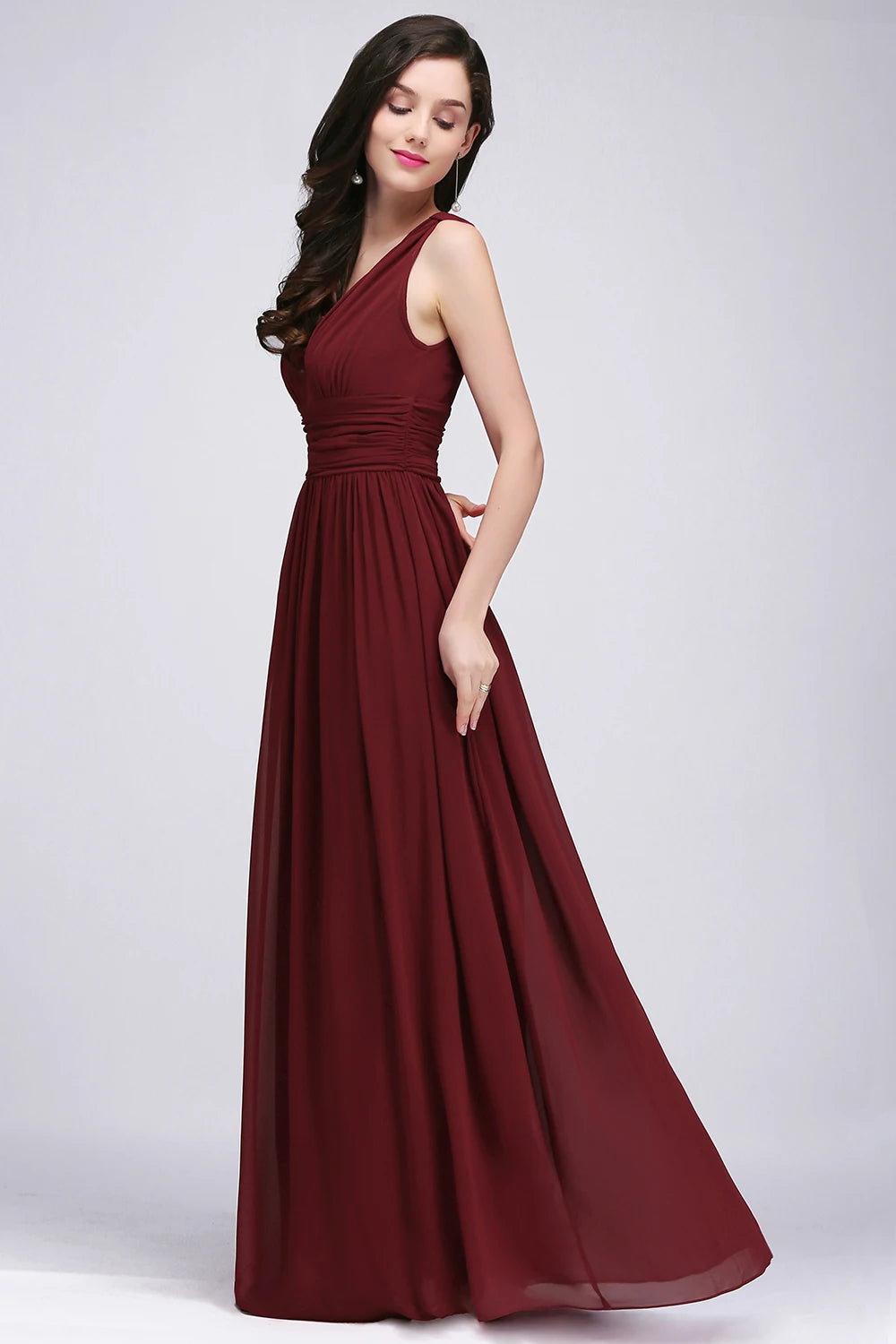 Long Burgundy Bridesmaid Dresses For Women Chiffon V-Neck A-Line Elegant Formal Wedding Party Gowns Evening Vestidos De Festa