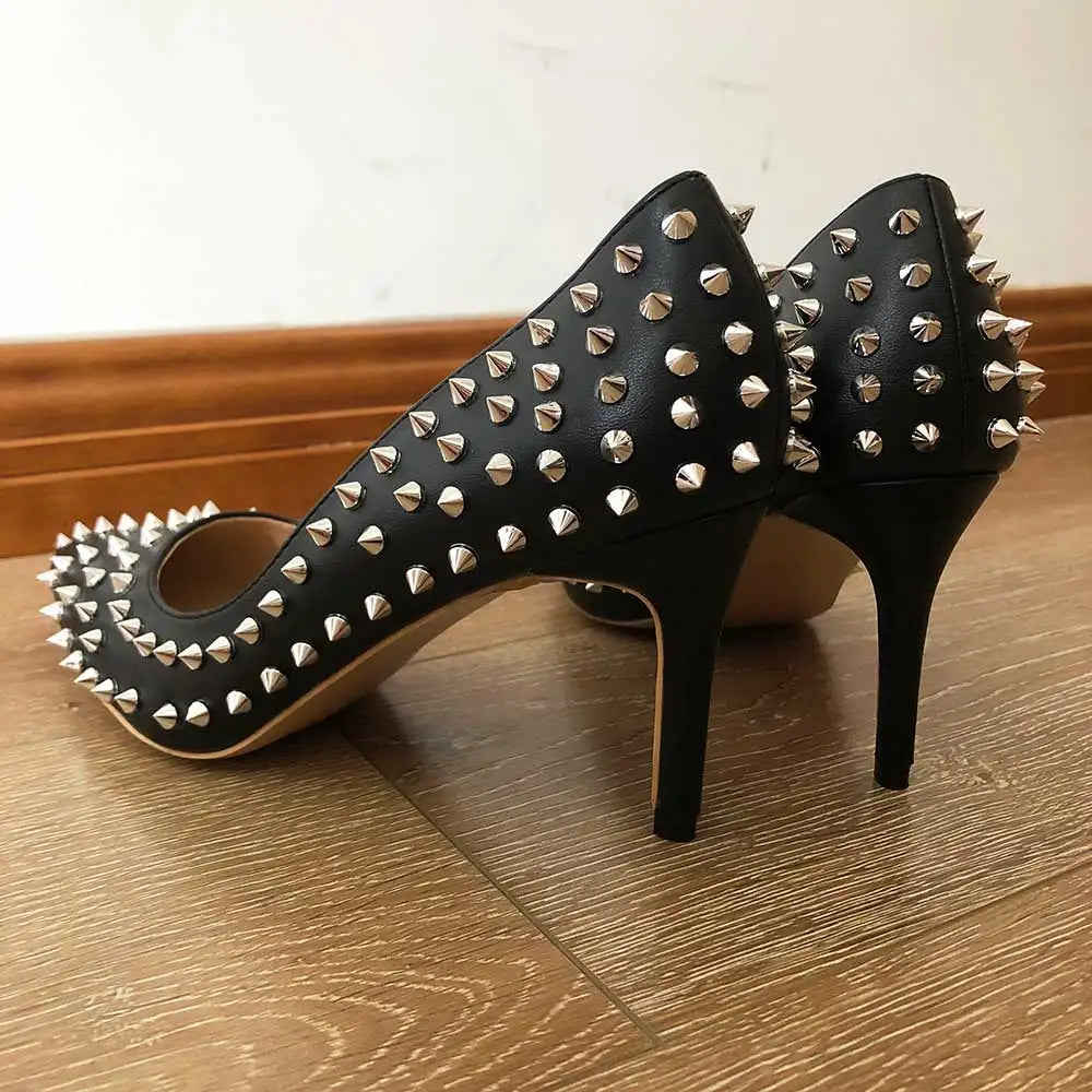 Tikicup Silver Spikes Women Black Matte Sexy Stiletto High Heels Ladies Wild Party Club High Heel Shoes 8cm 10cm 12cm Customize