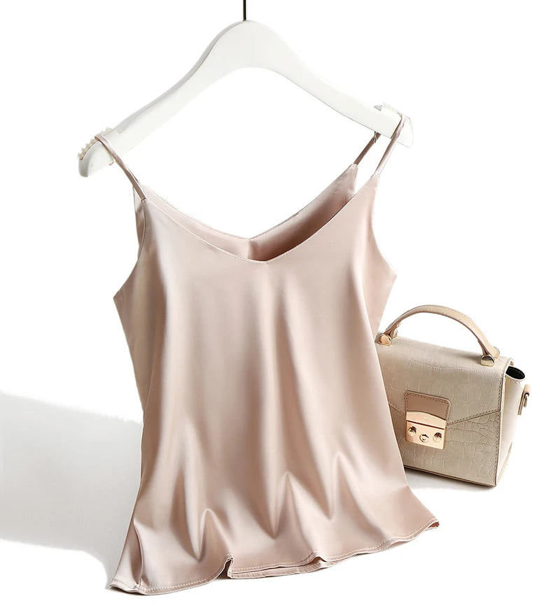 AOSSVIAO 2026 Spaghetti Strap Top Women Halter V Neck Basic White Cami Sleeveless Satin Silk Tank Tops Women'S Summer Camisole
