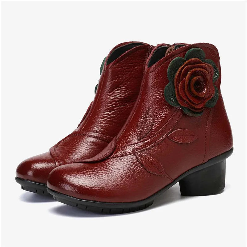 BEYARNE  Handmade Boots Flower Solid Color Womens Low Heel Genuine Leather Soft Short Boots Women Shoes Botas Mujer