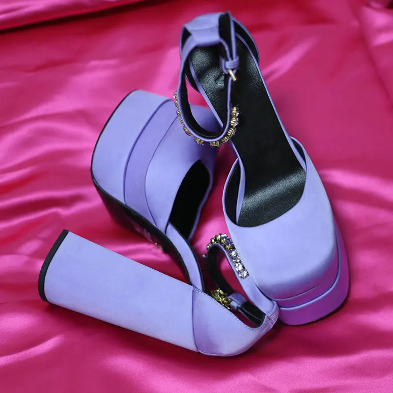 High Heels Women 2025 New Fashion Show 15cm Personality Super High Heel Waterproof Square Head Black Silk Runway Shoes
