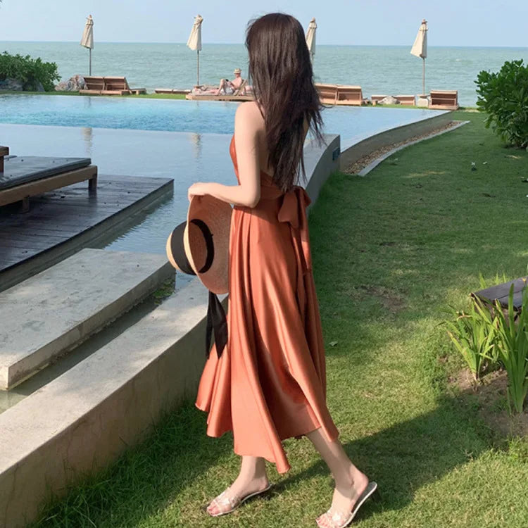 New ivory Caramel terracotta Auburn satin 120cm over knee spaghetti backless strap summer lady girl dress gown daily wear