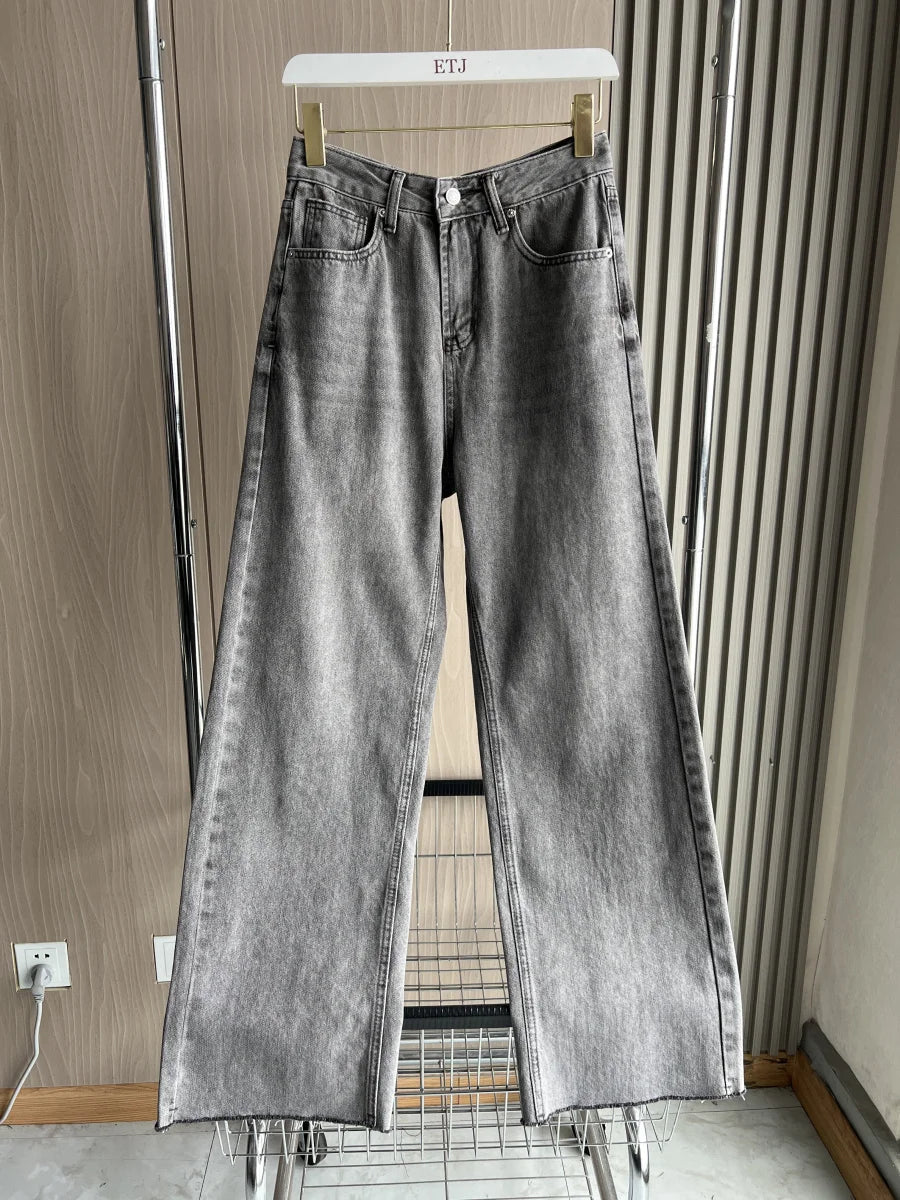 ETJ Wide-leg high-waisted jeans  women's classic everything with five pockets washed soft comfortable ultra-long jeans6045022